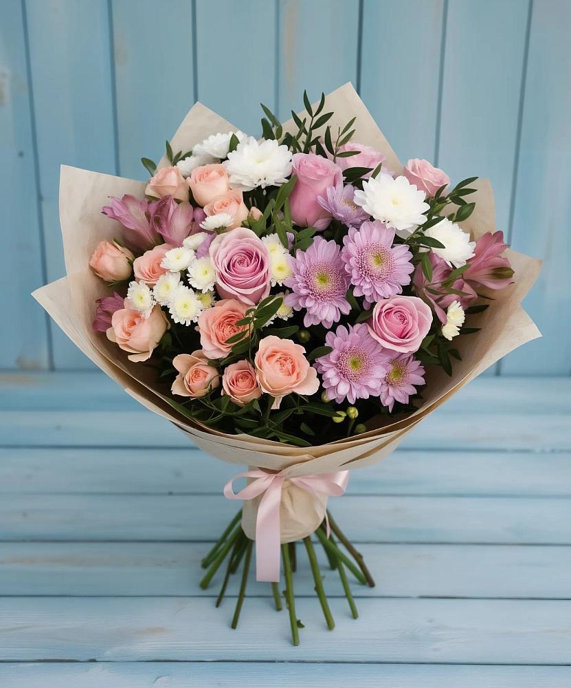 Букет цветов из: Хризантемы, Розы и Альстромерии в Званном