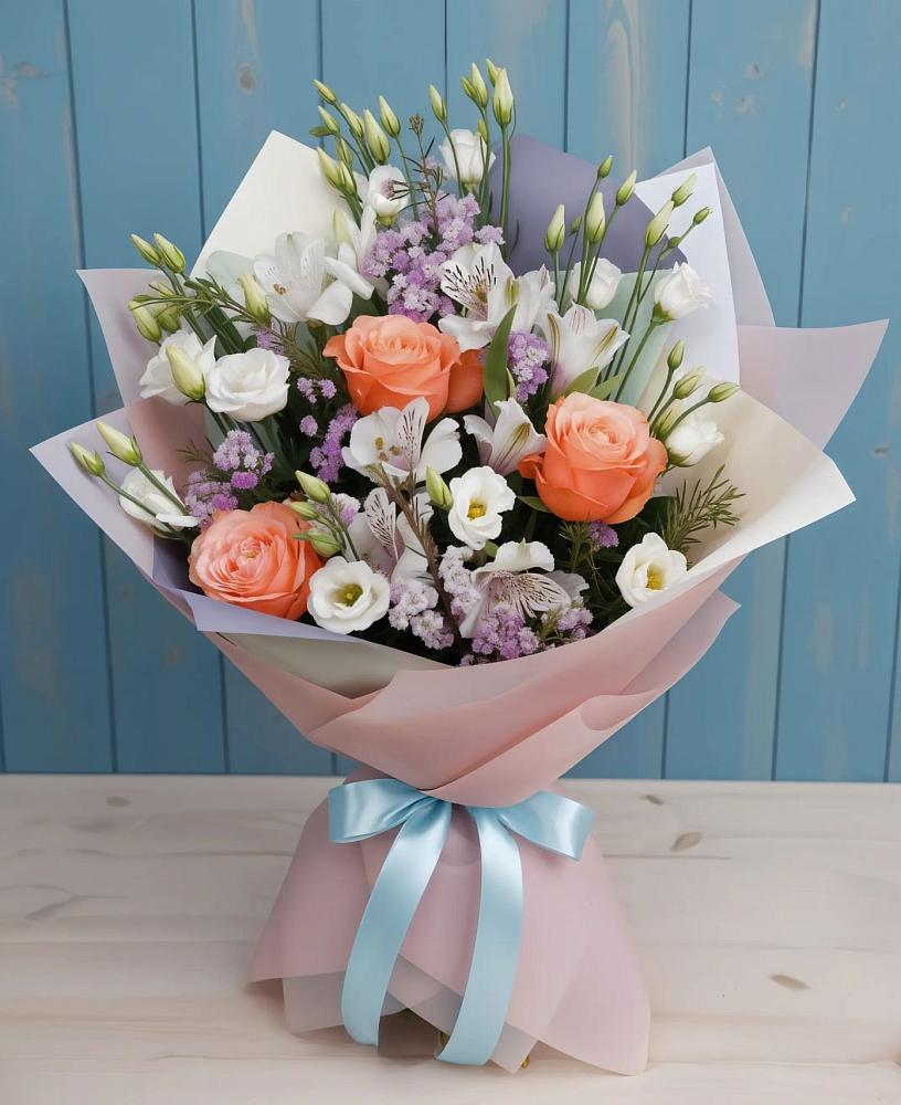 Букет цветов из: Лизиантусы, Розы, Альстромерии и Гипсофила в Званном