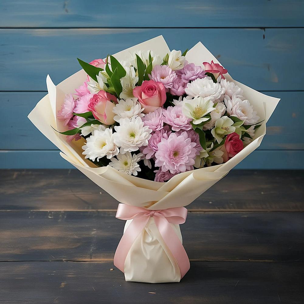 Букет цветов из: Хризантемы, Альстромерии и Розы в Званном